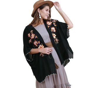 Umgee Floral Embroided Scallop Hem Kimono, Black